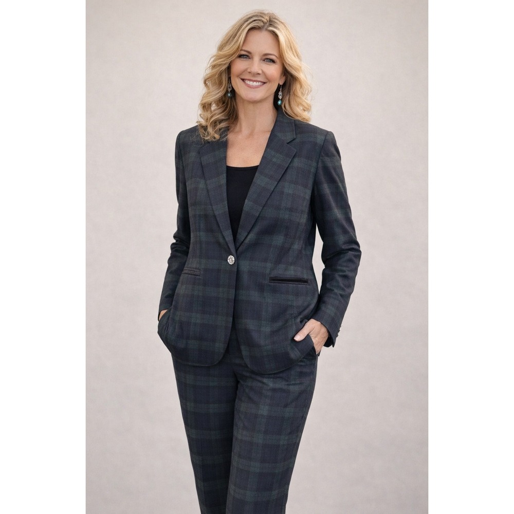NWT Nanette Lepore Women Tartan Blazer Size M Pants Size S Suit Set Green Navy